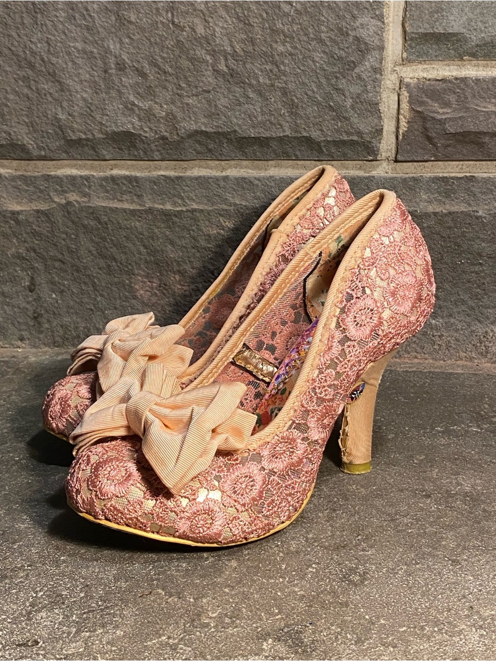 Gorgeous Irregular Choice pumps,sheer pink floral embroidered lace,pink bow,US 8